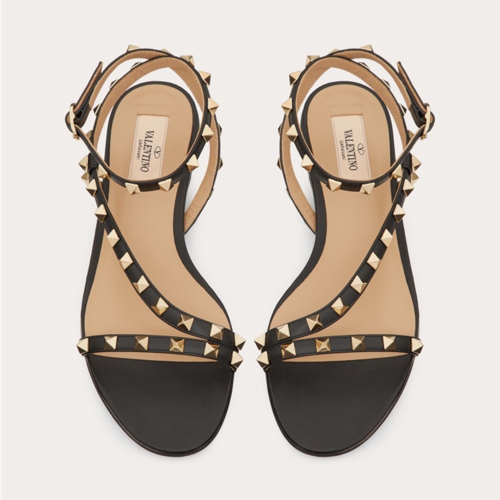 Valentino Black Leather Rockstud Ankle Strap Sandals